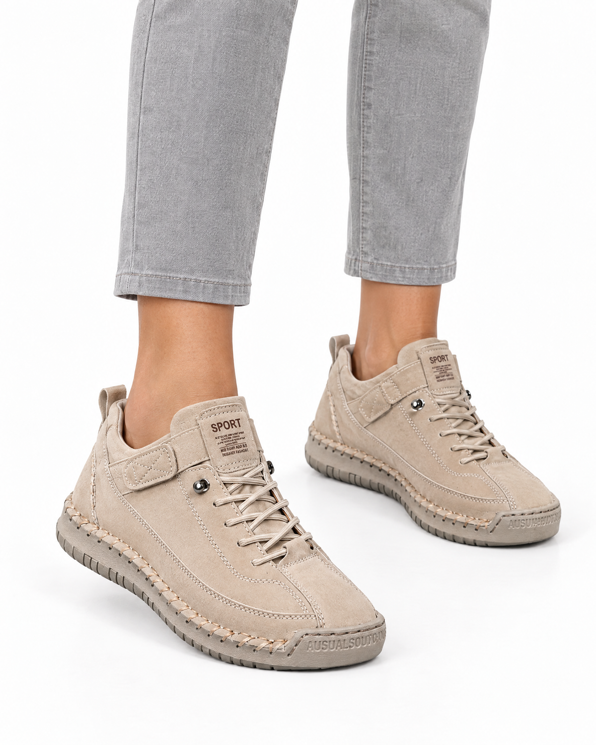 Sneakers Lina comode con suola ammortizzante, colore Beige, indossate, vista frontale