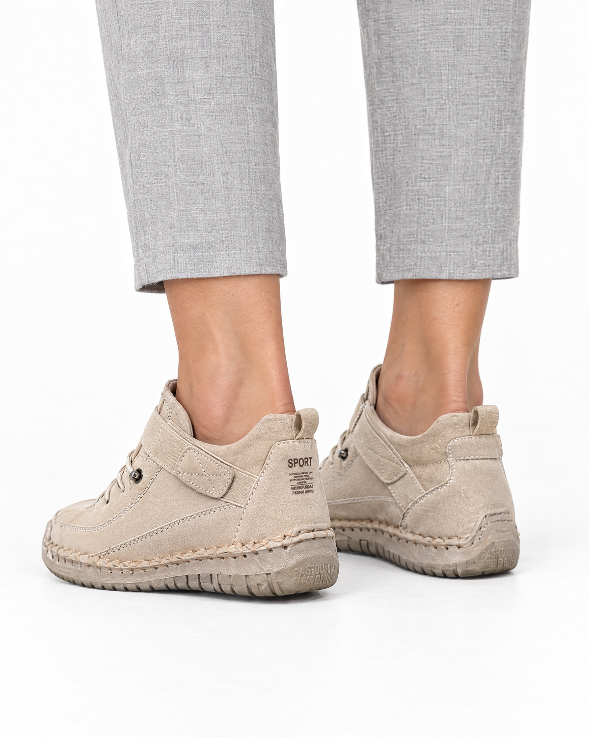 Sneakers Lina comode con suola ammortizzante, colore Beige, indossate, vista posteriore